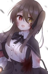 Rule 34 | 1girl, :d, arms at sides, assault lily, black capelet, black ribbon, black skirt, black sleeves, blood, blood on arm, blood on clothes, blood on face, blouse, blurry, blurry foreground, blush, breasts, brown hair, buttons, capelet, collared shirt, commentary request, crying, crying with eyes open, debris, detached sleeves, dirty, dirty face, eyes visible through hair, frilled sleeves, frills, hair between eyes, hair ribbon, heterochromia, high-waist skirt, highres, holding, holding shield, kuo shenlin, long hair, looking at viewer, medium breasts, neck ribbon, one side up, open mouth, red eyes, ribbon, school uniform, shield, shirt, sidelocks, simple background, skirt, sleeveless, sleeveless shirt, smile, solo, standing, suspender skirt, suspenders, tears, upper body, white background, white shirt, yellow eyes, yubari lemon (lemonlilie), yurigaoka girls academy school uniform