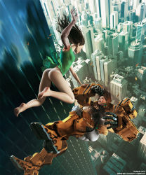 Rule 34 | 2girls, aerial battle, ass, barefoot, battle, black hair, brown hair, building, city, claws, damaged, dimples of venus, epic, falling, feet, fingerless gloves, gloves, legs, long hair, monster girl, multiple girls, original, panties, photorealistic, powered exoskeleton, randis, realistic, scar, soles, stitched arm, stitches, toes, underwear
