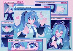 Rule 34 | 1girl, ^v^, blue eyes, blue hair, computer chip, computer fan, detached sleeves, dress, hair between eyes, hand up, hatsune miku, heart, icon (computing), long hair, looking at viewer, microphone, monitor, nail polish, necktie, no lineart, ponytail, projecttiger, sleeveless, sleeveless dress, solo, tight clothes, very long hair, vocaloid