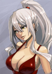 Rule 34 | 1girl, aro (charged time out), bad id, bad pixiv id, breasts, cleavage, dress, large breasts, lips, long hair, original, ponytail, portrait, silver hair, solo, upper body, yellow eyes