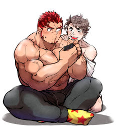 Rule 34 | 2boys, abs, akashi (live a hero), alternate costume, bara, blush, bulge, facial hair, goatee, gradient hair, grey pants, highres, holding, holding phone, kizami nori to yamaimo, crossed legs, live a hero, long sideburns, looking at another, male focus, male protagonist (live a hero), mature male, multicolored hair, multiple boys, muscular, muscular male, navel, off shoulder, pants, pectorals, phone, red eyes, red hair, topless male, short hair, sideburns, sitting, socks, stomach, thick eyebrows, track pants, yaoi