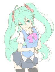 Rule 34 | 1girl, ahoge, alternate costume, aqua eyes, aqua hair, black thighhighs, bow, bowtie, hatsune miku, leaning forward, long hair, looking at viewer, nagian, own hands together, school uniform, simple background, skirt, smile, solo, sweater vest, thighhighs, twintails, very long hair, vocaloid, white background, zettai ryouiki