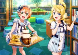 Rule 34 | 2girls, alternate costume, artist request, ayase eli, blonde hair, blue eyes, blush, book, book stack, bookshelf, bow, bracelet, breasts, chair, collarbone, day, dress, hair between eyes, hair bow, hair ornament, hairband, hairclip, holding, holding book, hoshizora rin, indoors, jewelry, library, long hair, looking at another, looking at viewer, love live!, love live! school idol festival, love live! school idol project, medium breasts, multiple girls, official art, open book, open mouth, orange hair, pinstripe pattern, pirate ship, plant, ponytail, pop-up book, puffy short sleeves, puffy sleeves, sailor collar, sailor dress, scrunchie, ship, short dress, short hair, short sleeves, smile, standing, stool, striped, table, watercraft, wrist scrunchie