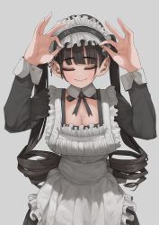 Rule 34 | 1girl, apron, black hair, breasts, cleavage, collared shirt, detached collar, dress, drill hair, closed eyes, frills, large breasts, long hair, long sleeves, maid, maid apron, maid headdress, mole, mole on breast, original, puffy sleeves, rabbit (wlsdnjs950), shirt, smile, solo, twin drills, waist apron, white background