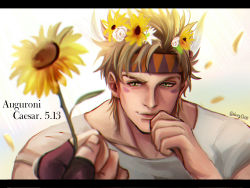 Rule 34 | 1boy, bad id, bad pixiv id, caesar anthonio zeppeli, dated, facial mark, feather hair ornament, feathers, flower, feather hair ornament, happy birthday, head wreath, highres, jojo no kimyou na bouken, letterboxed, male focus, oppi (ksop28), signature, solo, sunflower