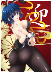 Rule 34 | 1girl, 2023, animal ears, ass, back, black leotard, black pantyhose, blue eyes, blue hair, breasts, chinese zodiac, ciel (tsukihime), commentary request, cowboy shot, highres, large breasts, leotard, looking at viewer, melty blood, open mouth, pantyhose, playboy bunny, rabbit ears, rabbit tail, red background, short hair, sideboob, solo, tail, tsukihime, vent vert (kuuya), wrist cuffs, year of the rabbit