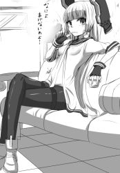 Rule 34 | 10s, 1girl, couch, dress, eating, fingerless gloves, food, gloves, greyscale, hair ornament, kantai collection, long hair, monochrome, murakumo (kancolle), pantyhose, pudding, sitting, solo, tenken (gotannda), translation request