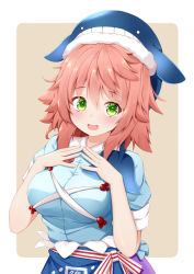 Rule 34 | 1girl, animal hat, blue hat, blue shirt, blue skirt, blush, border, breasts, green eyes, hair between eyes, hat, large breasts, looking at viewer, okunoda miyoi, open mouth, pink hair, rururiaru, shirt, short hair, short sleeves, skirt, smile, solo, touhou, upper body, whale hat, white border