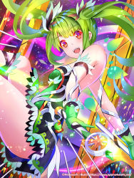 Rule 34 | 1girl, :d, absurdres, bare shoulders, breasts, cleavage, eternal wars, fantasy, gloves, green gloves, green hair, highres, holding, holding wand, looking at viewer, medium breasts, official art, open mouth, red eyes, smile, solo, sysen, twintails, wand, watermark, web address