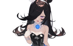 Rule 34 | 1girl, animal ears, bare shoulders, black hair, black leotard, blue flower, blue rose, blush, breasts, collar, collarbone, detached collar, flower, flying sweatdrops, hair over one eye, hairband, hand up, horse ears, kushibi, leotard, long hair, looking at viewer, nontraditional playboy bunny, open mouth, playboy bunny, purple eyes, ribbon, rice shower (umamusume), rose, simple background, small breasts, solo, strapless, strapless leotard, umamusume, upper body, very long hair, white background, white collar, white hairband, white ribbon, wrist cuffs
