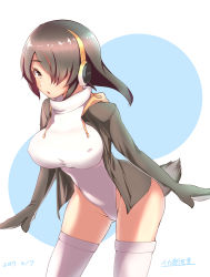 Rule 34 | 10s, 1girl, absurdres, breasts, brown eyes, brown hair, chamu (tdjcham), emperor penguin (kemono friends), covered erect nipples, female focus, hair over one eye, headphones, highleg, highleg leotard, highres, hood, hoodie, jacket, kemono friends, large breasts, leaning forward, leotard, looking at viewer, open mouth, simple background, solo, standing, thighhighs, thighs, white leotard