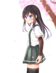 Rule 34 | 1girl, arm warmers, asashio (kancolle), black hair, black thighhighs, blue eyes, blurry, blush, breasts, cherry blossoms, collared shirt, comiching, commentary request, cowboy shot, day, depth of field, grey skirt, hair between eyes, highres, kantai collection, long hair, outdoors, petals, pleated skirt, shirt, short sleeves, skirt, small breasts, solo, standing, suspender skirt, suspenders, thighhighs, tree, white shirt