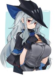 Rule 34 | 1girl, arknights, ascot, belt, black capelet, black hat, blue background, blush, breasts, capelet, commentary request, cropped torso, eating, food, grey ascot, grey shirt, hair between eyes, hat, highres, holding, holding food, holding pizza, large breasts, long hair, looking at food, midriff, mikozin, pizza, pizza slice, red eyes, shirt, silver hair, skadi (arknights), solo, two-tone background, upper body, white background