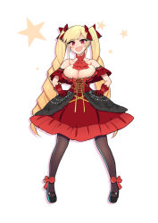 Rule 34 | 1girl, ascot, blonde hair, bow, cranberry spencer, dress, drill hair, hair bow, hands on own hips, highres, isekai shinige ojousama, long hair, looking at viewer, off-shoulder dress, off shoulder, oyaji-sou, pantyhose, pigeon-toed, red eyes, shoes, solo, twin drills, twintails