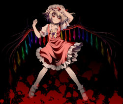 Rule 34 | 1girl, adapted costume, arms up, blonde hair, blood, blouse, collared shirt, female focus, flandre scarlet, hair between eyes, hat, namamo nanase, ponytail, red eyes, shirt, side ponytail, socks, solo, touhou, white hat, white shirt, white socks, wings