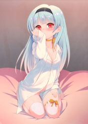 Rule 34 | 1girl, aqua hair, blue hair, blush, bottomless, bow, breasts, choker, cleavage, dress shirt, hairband, hand on thigh, magellan (zpolice), naked shirt, no shoes, original, red eyes, ribbon, ribbon-trimmed legwear, ribbon choker, ribbon trim, seiza, shirt, sitting, solo, thighhighs, white thighhighs, zpolice