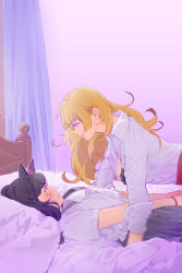 Rule 34 | 2girls, animal ears, bed frame, black bra, black hair, blake belladonna, blonde hair, blush, bra, breasts, brown eyes, cat ears, collared shirt, from side, gradient background, grin, long hair, long sleeves, lying, multiple girls, on back, on bed, open clothes, open shirt, pillow, pink background, purple background, purple eyes, rwby, shirt, short sleeves, sideboob, smile, udo (zzinya), underwear, wavy hair, white shirt, wristband, yang xiao long, yuri