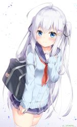 Rule 34 | 1girl, ahoge, bag, blue cardigan, blue eyes, blue sailor collar, blue skirt, blush, cardigan, collarbone, commentary request, fortissimo, hair ornament, hairclip, highres, long hair, long sleeves, looking at viewer, musical note, musical note hair ornament, nagai noa (sironora), neckerchief, original, pleated skirt, red neckerchief, sailor collar, school bag, school uniform, serafuku, shoulder bag, sidelocks, silver hair, simple background, sironora, skirt, sleeves past wrists, smile, solo, thighhighs, triangle hair ornament, two side up, very long hair, white background, white thighhighs