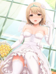 Rule 34 | 1girl, bouquet, breasts, bridal veil, brown eyes, cameltoe, cleavage, collarbone, diadem, dress, elbow gloves, flower, garter straps, gloves, hair flower, hair ornament, highres, holding, holding bouquet, inanaki shiki, isshiki iroha, jewelry, layered dress, light brown hair, looking at viewer, open mouth, panties, ring, rose, short dress, short hair, sleeveless, sleeveless dress, small breasts, solo, strapless, strapless dress, thighhighs, underwear, veil, wedding band, wedding dress, white dress, white flower, white gloves, white panties, white rose, white thighhighs, yahari ore no seishun lovecome wa machigatteiru., yellow flower, yellow rose