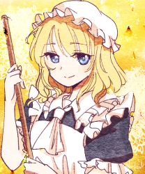 Rule 34 | apron, ascot, black dress, blonde hair, blue eyes, breasts, broom, cleaning maid (touhou), commentary request, dress, frilled dress, frilled sleeves, frills, hat, holding, holding broom, medium hair, mob cap, owannu, portrait of exotic girls, puffy short sleeves, puffy sleeves, short sleeves, small breasts, touhou, white apron, white ascot, white headwear, yellow background
