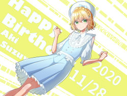 Rule 34 | 1boy, blonde hair, cat hair ornament, character name, crossdressing, dated, dress, dutch angle, frilled dress, frills, green eyes, hair ornament, hairclip, happy birthday, hat, highres, looking at viewer, male focus, nijisanji, rourie, short hair, smile, solo, suzuya aki, trap, virtual youtuber