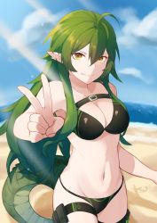 Rule 34 | 1girl, absurdres, alternate costume, arknights, armpits, bare arms, bare shoulders, beach, bikini, black bikini, breasts, cleavage cutout, clothing cutout, cloud, commentary, crocodilian tail, foreshortening, gavial (arknights), hair between eyes, highres, long hair, looking at viewer, midriff, outdoors, parted bangs, pointy ears, pouch, smile, solo, standing, string bikini, swimsuit, tail, thigh pouch, thigh strap, tsuukasaa, v, very long hair