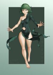 Rule 34 | 1girl, absurdres, artist name, barefoot, black background, black dress, breasts, covered navel, dated, dress, full body, gogo (gogo 23), green hair, grey background, highres, long sleeves, one-punch man, shiny clothes, short hair, single bare shoulder, small breasts, smile, solo, tatsumaki, teeth, torn clothes, torn dress, translation request