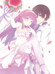 Rule 34 | 1boy, 1girl, bare shoulders, blurry, blurry foreground, blush, bouquet toss, bride, brown hair, carrying, closed mouth, couple, cover image, dress, elbow gloves, flower, fuyuumi ai, garter straps, gloves, groom, hair flower, hair ornament, hairband, hetero, highres, jpeg artifacts, kidou eita, legs, long hair, looking at viewer, novel illustration, official art, ore no kanojo to osananajimi ga shuraba sugiru, petals, pink hair, princess carry, purple eyes, ruroo, simple background, smile, strapless, strapless dress, textless version, thighhighs, upskirt, wedding dress, white background, white dress, white gloves, white hairband