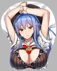 Rule 34 | 1girl, arms up, bed sheet, between breasts, black bra, blue hair, blush, bra, breast mousepad, breasts, cleavage, closed mouth, collared shirt, grey background, hinanawi tenshi, large breasts, lingerie, long hair, looking at viewer, mousepad, mousepad (medium), neropaso, open clothes, open shirt, pink lips, red eyes, shirt, short sleeves, simple background, solo, touhou, underwear, upper body, white shirt, wing collar