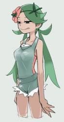 Rule 34 | 1girl, :q, breasts, creatures (company), cropped legs, flower, game freak, green hair, grey background, hair flower, hair ornament, highres, long hair, low twintails, mallow (pokemon), medium breasts, nintendo, overalls, pink flower, pokemon, pokemon sm, simple background, sketch, solo, tirarizun, tongue, tongue out, twintails