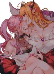 Rule 34 | 2girls, amulet, blouse, blush, braid, breasts, camisole, cleavage, closed eyes, crop top, dragon girl, dragon tail, earrings, frilled camisole, frills, hand on another&#039;s chin, hololive, hololive english, hoop earrings, jacket, jewelry, kiryu coco, kiryu coco (loungewear), large breasts, mamaloni, mori calliope, multiple girls, nail polish, necklace, official alternate costume, orange hair, pink hair, pointy ears, ponytail, red eyes, see-through, shirt, side braid, simple background, single braid, tail, virtual youtuber, white background, white shirt, yuri