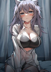 Rule 34 | 1girl, absurdres, adidas, animal ears, breasts, cleavage, ear piercing, grey eyes, grey hair, highres, hololive, large breasts, lion ears, lion girl, lion tail, long hair, looking at viewer, luzzi (milllim), messy hair, piercing, shirt, shishiro botan, smile, solo, sports bra, tail, two side up, virtual youtuber