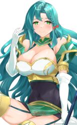 Rule 34 | 1girl, aqua hair, armor, bare shoulders, blush, bow, braid, breasts, chloe (fire emblem), chuu (rinet), cleavage, commentary request, covered navel, elbow gloves, fire emblem, fire emblem engage, garter straps, gloves, green eyes, hair bow, highres, large breasts, long hair, looking at viewer, nintendo, orange bow, partial commentary, shoulder armor, simple background, sitting, smile, solo, thighhighs, thighs, very long hair, white background, white gloves