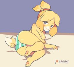 Rule 34 | 1girl, :3, animal crossing, animal ears, animal hands, ass, barefoot, bell, blonde hair, blue eyes, blush, breasts, closed mouth, crybleat, dog ears, dog girl, dog tail, english text, female focus, full body, furry, furry female, green panties, hair bell, hair ornament, hair tie, half-closed eyes, happy, isabelle (animal crossing), jingle bell, jpeg artifacts, looking at viewer, lying, medium breasts, nintendo, on side, panties, patreon logo, pawpads, short hair, smile, solo, striped clothes, striped panties, tail, topknot, topless, underwear