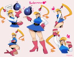 Rule 34 | 1girl, absurdres, ass, belt, blonde hair, blue eyes, bomb, bomberman, boots, breasts, crossover, explosive, fingerless gloves, flame hair, full body, gloves, heels, highres, kneeling, large breasts, lipstick, makeup, mole, mole under mouth, pink background, ponytail, skirt, smile, source request, thegreyzen