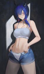 1girl arknights blue_hair breasts ch&#039;en_(arknights) commentary cowboy_shot denim denim_shorts dragon_horns english_commentary grey_panties grey_sports_bra hair_between_eyes highres horns long_hair looking_at_viewer medium_breasts midriff navel open_clothes open_fly open_shorts panties rasipan red_eyes short_shorts shorts solo sports_bra standing underwear