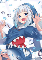Rule 34 | 1girl, absurdres, animal hood, blue dress, blue eyes, blue hair, blurry, claw pose, cowboy shot, depth of field, dress, eyes visible through hair, gawr gura, gawr gura (1st costume), hands up, hayashirice, highres, hololive, hololive english, hood, hood up, hooded dress, light blush, light particles, looking at viewer, open mouth, shark hood, sharp teeth, short hair, smile, solo, teeth, upper teeth only, virtual youtuber, water drop