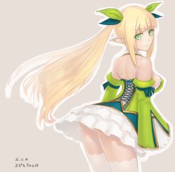 Rule 34 | 1girl, ass, bare shoulders, blonde hair, breasts, cleavage, dated, detached sleeves, dress, elf, green dress, green eyes, long hair, looking at viewer, looking back, medium breasts, pointy ears, sennen sensou aigis, skirt, smile, solo, spica (sennen sensou aigis), te te te te, white skirt, wide sleeves