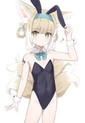 Rule 34 | 1girl, ?, absurdres, animal ear fluff, animal ears, arknights, bare shoulders, black leotard, blonde hair, blue bow, blue bowtie, blue hairband, bow, bowtie, collar, collarbone, commentary request, covered navel, cowboy shot, crotch, detached collar, extra ears, fake animal ears, flat chest, fox ears, fox girl, fox tail, gachigachi, green eyes, groin, hair rings, hairband, highleg, highleg leotard, highres, kitsune, leotard, looking at viewer, material growth, medium hair, multicolored hair, multiple tails, oripathy lesion (arknights), playboy bunny, rabbit ears, simple background, solo, standing, strapless, strapless leotard, streaked hair, suzuran (arknights), sweat, tail, white background, white collar, white hair, wrist cuffs