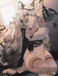 Rule 34 | 1girl, :&lt;, animal ear fluff, animal ears, arknights, arms up, artist name, bead necklace, beads, bell, belt, black belt, black cape, blush, breasts, cape, dress, grey eyes, grey thighhighs, head chain, highres, holding, holding bell, jewelry, large breasts, leopard ears, leopard tail, long hair, necklace, no shoes, oh (aung ae), pelvic curtain, pouch, pramanix (arknights), seiza, silver hair, sitting, solo, tail, thighhighs, thighs, turtleneck, turtleneck dress, twitter username, very long hair, white dress