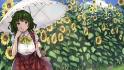 Rule 34 | 1girl, arm up, blue sky, blush, bow, bowtie, buttons, cloud, collared shirt, commentary, cowboy shot, day, english commentary, eyelashes, flower, frilled umbrella, frills, garden of the sun, grass, green bow, green hair, hair between eyes, hand on own face, highres, holding, holding umbrella, kazami yuuka, looking at viewer, medium hair, nstch root a, outdoors, parasol, plaid, plaid skirt, plaid vest, puffy short sleeves, puffy sleeves, red eyes, shirt, short sleeves, skirt, sky, sleeve cuffs, smile, solo, sunflower, touhou, umbrella, vest