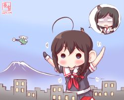 Rule 34 | 10s, 2girls, :&gt;, ahoge, aircraft, black hair, black serafuku, blank eyes, blue eyes, braid, building, dated, detached sleeves, giant, giantess, hair ornament, hair ribbon, helicopter, highres, kanon (kurogane knights), kantai collection, long hair, mount fuji, mountain, multiple girls, nontraditional miko, outstretched arms, pleated skirt, ribbon, school uniform, serafuku, shigure (kancolle), short hair, single braid, size difference, sketch, skirt, skyscraper, spread arms, yamashiro (kancolle), zooming in