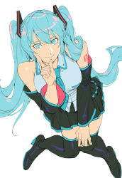 1girl absurdres aqua_eyes aqua_hair aqua_nails aqua_necktie bare_shoulders black_footwear black_skirt boots breasts commentary detached_sleeves from_above hand_on_own_knee hatsune_miku highres index_finger_raised invisible_chair long_hair looking_at_viewer nail_polish necktie number_tattoo pleated_skirt ruukii_drift shirt shoulder_tattoo sitting skirt sleeveless sleeveless_shirt solo tattoo thigh_boots twintails vocaloid white_shirt