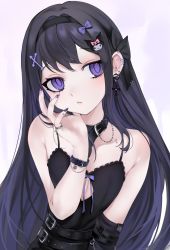 Rule 34 | 1girl, akemi homura, bare shoulders, black dress, black hair, black hairband, black nails, bow, collarbone, commentary request, dress, ear piercing, earrings, hair bow, hair ornament, hairband, hairclip, hand on own face, hand up, highres, jewelry, long hair, looking at viewer, mahou shoujo madoka magica, mahou shoujo madoka magica (anime), nail art, nail polish, ompf, piercing, purple eyes, solo, upper body, yami kawaii