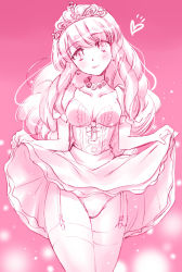 Rule 34 | 1girl, atlus, blush, breasts, cameltoe, cleavage, clothes lift, collarbone, crown, dress, dress lift, earrings, etrian odyssey, garter straps, gradient background, heart, hoshino madoka, jewelry, lifting own clothes, light particles, monochrome, necklace, panties, pink theme, princess (sekaiju), puffy short sleeves, puffy sleeves, sekaiju no meikyuu, sekaiju no meikyuu 3, short sleeves, skirt, skirt lift, solo, tears, thighhighs, underwear
