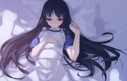 Rule 34 | 1girl, bed, black hair, breasts, hand on own chest, long hair, lying, makino nanami, pillow, red eyes, rokuwata tomoe, short sleeves, small breasts, solo, suigetsu, very long hair