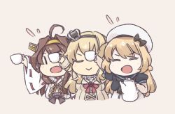 Rule 34 | 3girls, :&gt;, ahoge, astcd2, beige background, blonde hair, blue sailor collar, braid, brown hair, closed eyes, commentary request, crown, cup, detached sleeves, double bun, dress, flower, french braid, gloves, hair bun, hairband, hat, headgear, jervis (kancolle), kantai collection, kongou (kancolle), long hair, long sleeves, mini crown, multiple girls, off-shoulder dress, off shoulder, open mouth, red flower, red ribbon, red rose, ribbon, ribbon-trimmed sleeves, ribbon trim, rose, sailor collar, sailor dress, sailor hat, simple background, smile, teacup, teapot, upper body, warspite (kancolle), white dress, white gloves, white hat, | |