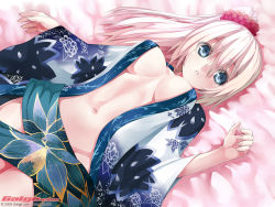 Rule 34 | 00s, 1girl, 2009, artist name, bed sheet, blue eyes, breasts, breasts apart, fingernails, floral print, from above, galge.com, hair between eyes, hair ornament, japanese clothes, kimono, large breasts, long hair, looking at viewer, lying, murata taichi, naked kimono, navel, on back, open clothes, open kimono, parted lips, pink hair, ponytail, solo, wallpaper, watermark, web address