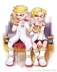 Rule 34 | 2boys, artist name, blonde hair, boots, closed mouth, coat, commentary request, cup, drinking straw, earrings, eating, emblem, emperor (splatoon), food, food on face, frown, full body, holding, holding food, hot dog, inkling, inkling boy, inkling player character, inumaru akagi, jewelry, long sleeves, looking at another, male focus, multiple boys, nintendo, one eye closed, open mouth, pixiv id, pointy ears, prince (splatoon), shrimp, side-by-side, sitting, splatoon (manga), splatoon (series), tentacle hair, v-shaped eyebrows, white coat, white footwear, wiping face, yellow eyes