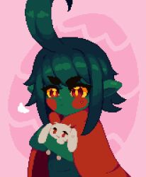 Rule 34 | 1girl, ahoge, cape, colored sclera, colored skin, easter egg, egg, green skin, holding, holding stuffed toy, huge ahoge, mimiga, minimilieu, monster girl, original, overalls, pink background, pixel art, plant girl, pointy ears, pout, red cape, red eyes, solo, stuffed toy, sweatdrop, thick eyebrows, two-tone background, wren (minimilleu), yellow sclera